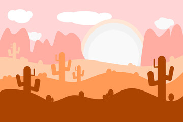 Graphic design of sunset landscape in plain color. Outdoor sunset landscape in desert with cactus and mountains.