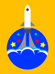 Illustration graphic design of rocket launching to space. Rocket launch into sky with smoke, cloud, star, planet, moon, and rainbow.