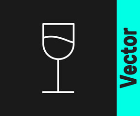 White line Wine glass icon isolated on black background. Wineglass sign. Vector Illustration.