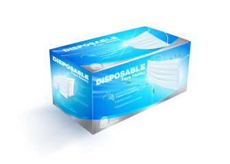 Surgical medical face mask box packaging design. Packaging box contains 50 pieces. Advertising hygiene, prevent germs, dust and virus. Mock up EPS file.