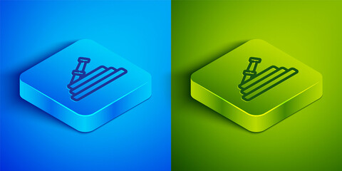 Isometric line Garden hose or fire hose icon isolated on blue and green background. Spray gun icon. Watering equipment. Square button. Vector Illustration.