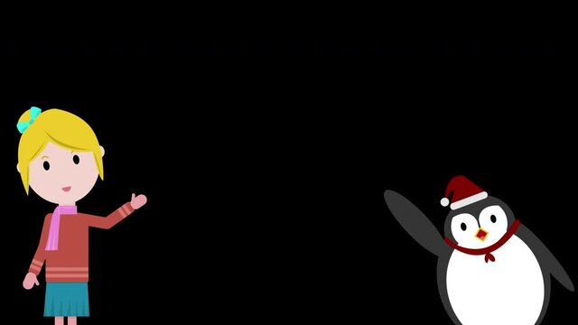 Cartoon animation cute girl and penguin wearing christmas hat waving Hand in Alpha Channel, transparent background.