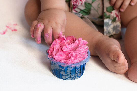 Crash Pink Cake At The Celebration Of The First Birthday Of The Girl, Ruined Cupcake