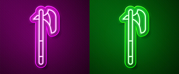 Glowing neon line Medieval axe icon isolated on purple and green background. Battle axe, executioner axe. Medieval weapon. Vector.