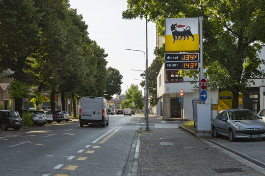 Agip brand sign of a gas station in a street