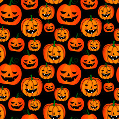 seamless pattern, vector illustration for Halloween, funny scary pumpkins, ornament for wallpaper and fabric, wrapping paper, background for scrapbooking