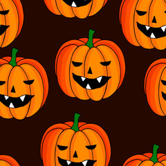 seamless pattern, vector illustration for Halloween, funny scary pumpkins, ornament for wallpaper and fabric, wrapping paper, background for scrapbooking