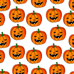 seamless pattern, vector illustration for Halloween, funny scary pumpkins, ornament for wallpaper and fabric, wrapping paper, background for scrapbooking