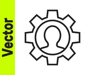 Black line Human with gear icon isolated on white background. Artificial intelligence. Thinking brain sign. Symbol work of brain. Vector.