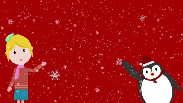 Cartoon animation cute girl and penguin wearing christmas hat waving Hand with snow falling in red background.