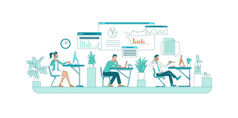 Office worker flat color vector faceless characters. Company personnel sit at desk. Work on project. Corporate occupation isolated cartoon illustration for web graphic design and animation