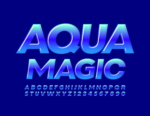 Vector event flyer Aqua Magic. Glossy Blue Font. Modern Alphabet Lettersa and Numbers set