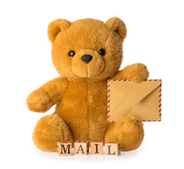 toy bear holding envelope mail concept isolated white background
