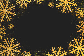 Fototapeta na wymiar Dark Christmas Background with Shining Gold Snowflakes. Copyspace.