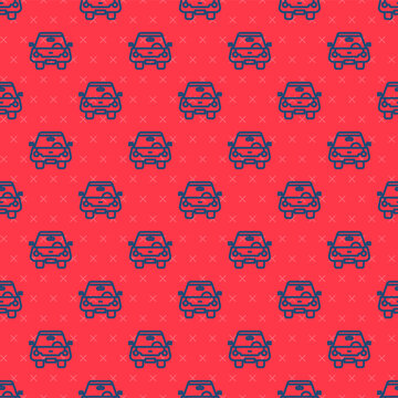 Blue line Car icon isolated seamless pattern on red background. Front view. Vector.