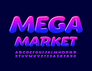 Vector bright logo Mega Market. Glossy colorful Font. Creative Alphabet Letters and Numbers set