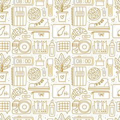 Office stationery. Seamless pattern, texture, background. Notebook, laptop, pen, marker, croissant, doughnut, clock, shoe, camera, accessory.