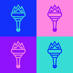 Pop art line Torch flame icon isolated on color background. Symbol fire hot, flame power, flaming and heat. Vector.