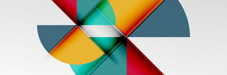 Bright color circles, abstract round shapes and triangles composition with shadow effects. Vector modern geometric design template