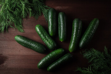 green cucumbers and herbs dill parsley on a wooden table