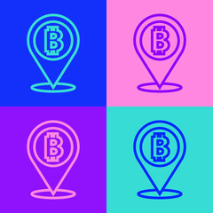 Pop art line Location bitcoin icon isolated on color background. Physical bit coin. Blockchain based secure crypto currency. Vector.