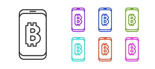 Black line Mining bitcoin from mobile icon isolated on white background. Cryptocurrency mining, blockchain technology service. Set icons colorful. Vector.