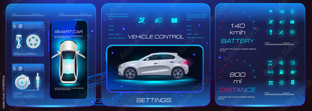 Poster mobile car service application design. car settings management via mobile application. modern smart 