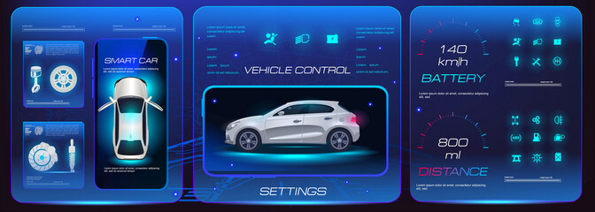 Mobile car service application design. Car settings management via mobile application. Modern smart car control system. Autonomous diagnostics and road scanning. Menu with vehicle data and parameters