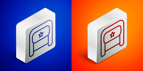 Isometric line Ushanka icon isolated on blue and orange background. Russian fur winter hat ushanka with star. Soviet Union uniform of KGB and NKVD. Silver square button. Vector.