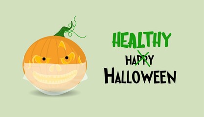 Halloween poster or greeting card. Horizontal banner with a pumpkin wearing a medical mask. Happy Halloween