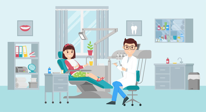 Girl is sitting in a chair at a dentist appointment.Male doctor holding instruments.Concept of a dental office.Interior with furniture and window. Cute characters are smiling. Flat vector illustration