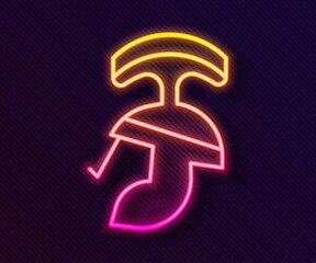 Glowing neon line Roman army helmet icon isolated on black background. Vector.