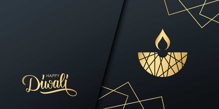 Diwali celebrate invitation with golden handwritten inscription Happy Diwali. India festival of lights holiday template with hand lettering and gold diya lamp. Vector illustration.