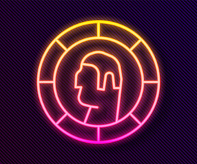 Glowing neon line Ancient Greek coin icon isolated on black background. Vector.