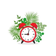 red alarm clock with green branches, leaves and grass. Flat icon isolated on white background.