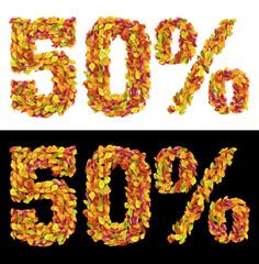 50%, 20%, Letter from autumn colorful leaves, Sale letter 3D rendering made by leaves autumn. 