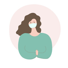 Girl waist-deep with a medical mask on her face. Vector.