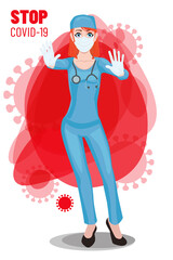 Stop the coronavirus. Woman doctor shows hand gesture - stop. Masked nurse. COVID-19.