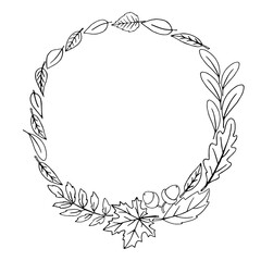 Wreath of autumn leaves. Doodle freehand illustration. Round frame. Black outline on a white background.