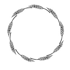 Frame made of wheat or rye ears. Vector autumn wreath hand drawn in Doodle style, black outline isolated on white background