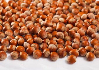 Obraz premium Unpeeled hazelnut on white surface closeup. High quality photo