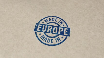 Made in Europe, EU, European Union stamp and hand stamping impact animation. Factory, manufacturing and production country 3D rendered concept.