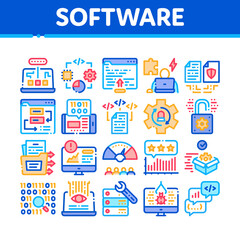 Software Testing And Analysis Icons Set Vector. Computer Software, Code And Program Test And Research On Bug, Technician Support Concept Linear Pictograms. Color Illustrations