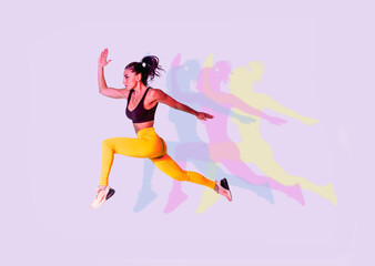 Sportive woman running on white background