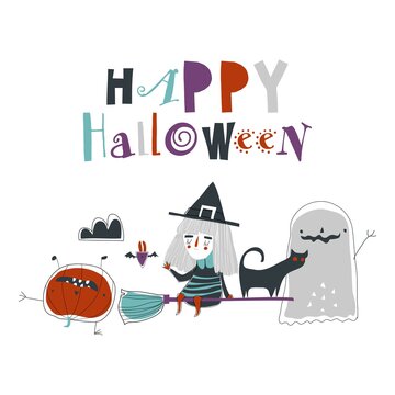 Cartoon cute halloween monsters on white background