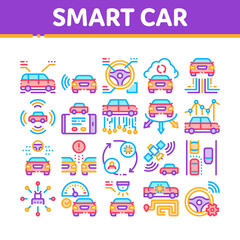 Smart Car Technology Collection Icons Set Vector. Smart Car Autopilot And Help Parking, Satellite Connection And Phone Application Concept Linear Pictograms. Color Illustrations
