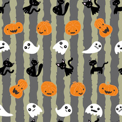 Halloween Black Cat Ghost Pumpkin Vertical Stripes Seamless Pattern