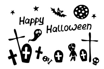 Happy Halloween. Vector background of cemetery with graves, tombstones, crosses, bones, Ghost, zombie, bat. Primitive silhouettes isolated on white background. Set of flat design elements