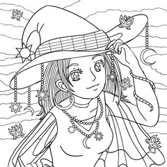 Girl portrait in witch hat with jewellery decor. Coloring book page for adult for anti stress. Manga style character. vector outline illustration with doodle and patterns.