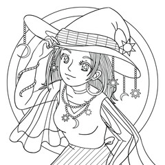 Anime girl coloring page. Smiling girl in halloween costume at party. Hand drawn vector fall illustration with doodle and zentangle elements for coloring book, print, posters.